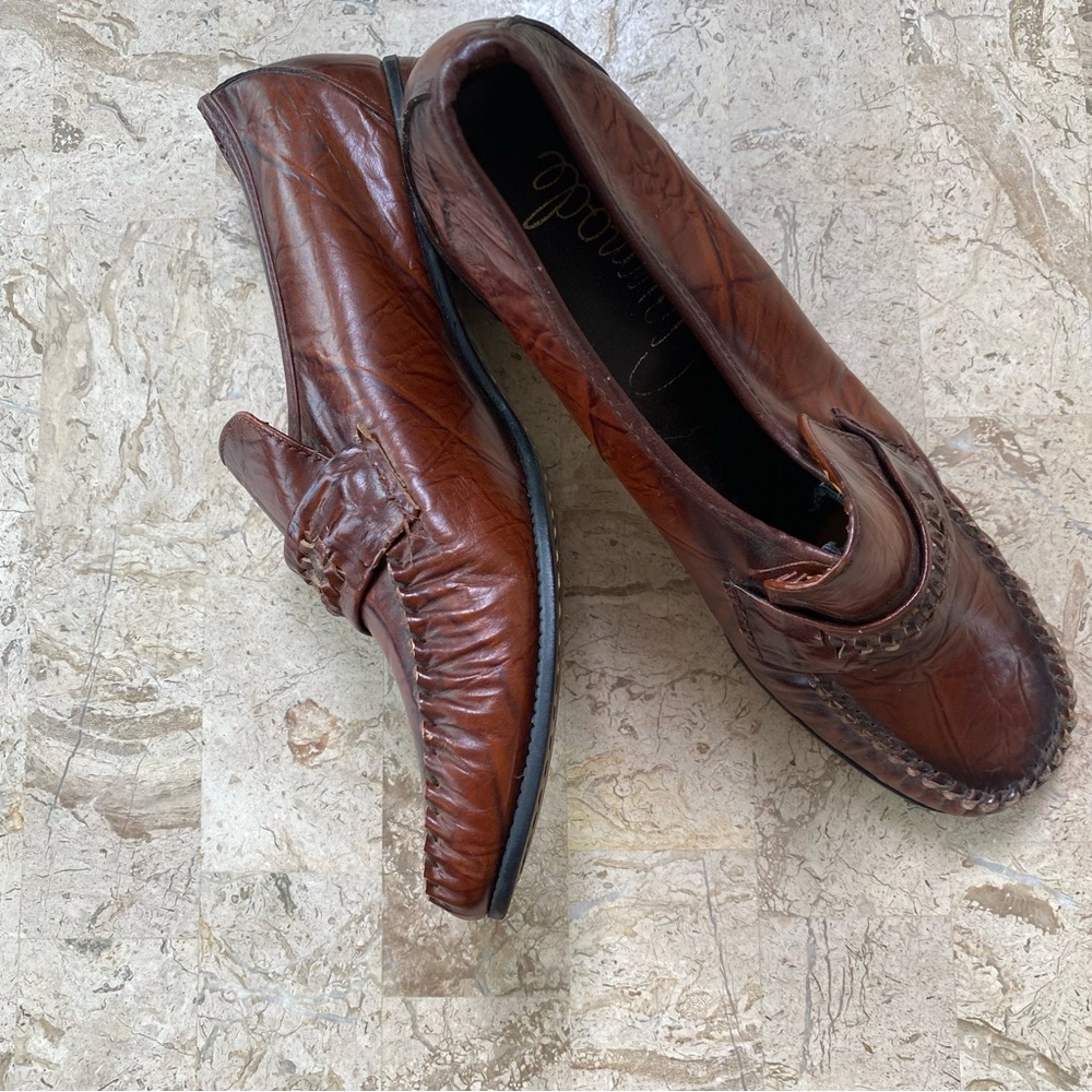 Vintage Brown Leather Slip On Penny Loafers Block Heel Size 8.5 M/W - Picture 6 of 12